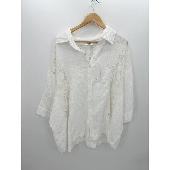 Andree by Unit Button Down Shirt Women 1X Lace Oversized Coastal Boho Neutral - Picture 1 of 7